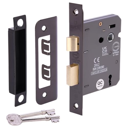 HANDLEZONE® 65mm (2 1/2 inch) Black Nickel 3 Lever Mortice Sashlock for Internal Timber Doors, Security Key Operated Lock, Reversible Latch, CE & UKCA Approved - Fire Rated - 45mm Backset