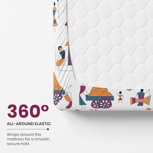 Image of LORETO - A QUALITY LINEN BRAND 186 TC 100% Pure Cotton King Size Fitted Bedsheet with 2 Pillow Covers for 78 x 72 Inch Mattress, All-Around Elastic, 8 Inch Deep Pocket, Tribal Motifs