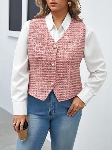 WDIRARA Women's Plus Size Plaid Print Tweed Waistcoat Button Front Sleeveless Vest Blazer Jackets4
