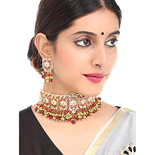Image of Yellow Chimes Ethnic Gold Plated Studded Kundan Beads Flower Design Jewellery Set Multicolour Meenakari Choker Necklace Set for Women and Girls