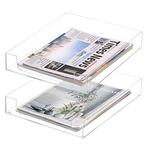 BTSKY 2 Pack Multipurpose A4 File Tray Clear Acrylic Desk Tray Organizer Elegant Letter Size Desk Documents Trays Magazine Files Storage Basket Organizer Bin for Office Cosmetics Bathroom