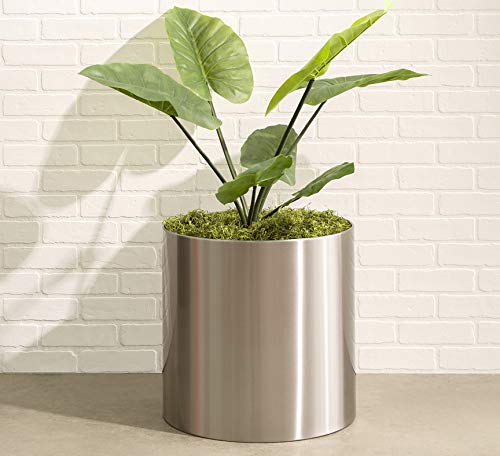 Modern Knox Brushed Stainless Steel Planter Best Round Metal Planter Indoor Outdoor Pot Medium 12" X 12" Inch Tall Contemporary Heavy-Duty Cylinder, Architectural Floor Planter, Table Top Plant Pot #TOP1