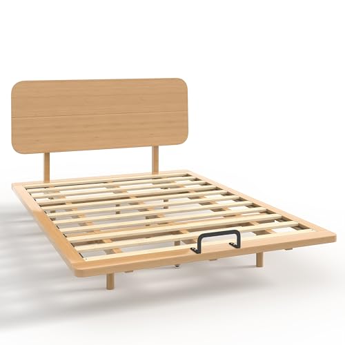 Image of Bellemave Queen Size Bamboo Bed Frame with Headboard,Bamboo Floating Platform Bed Frame Queen Size with Charging Station and Wood Slats,Easy Assembly,Natural