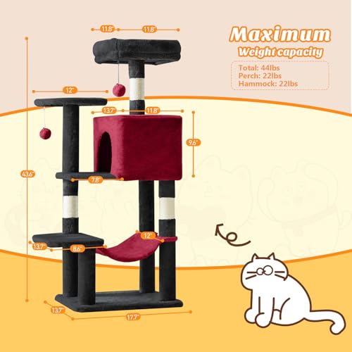 Image of Sweetcrispy 44 Inch Cat Tree Tower, Cat Climbing Tower with Natural Sisal Scratching Posts, Hammock, Pet Condo for Indoor Cats and Kittens Play, Black and Red