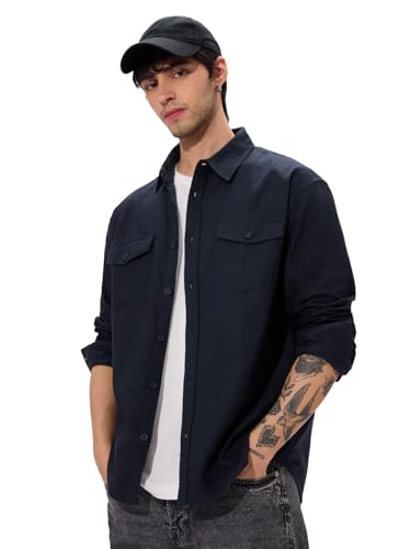 Image of The Souled Store Solids Off White Long Sleeve Collared Cotton Utility Shirts for Mens & Boys- Regular Fit with Classic Style