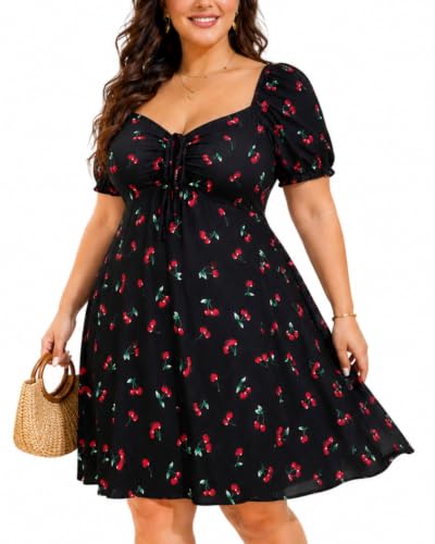 Image of Pinup Fashion Women Plus Size Casual Puff Sleeve Summer Sundress Smocked Short A Line Babydoll Cute Mini Dresses