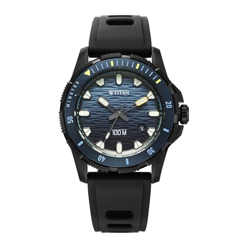 Image of Titan Zero Hour Diver's 100m Analog with Blue Dial Black FKM Strap Watch for Men - 10067KP02
