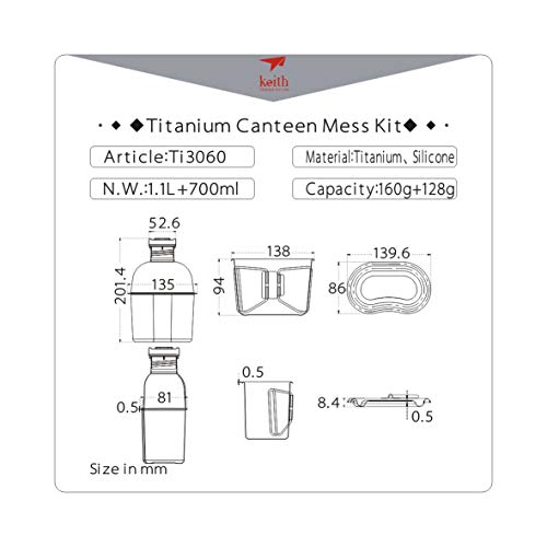 Keith Titanium Ti3060 Canteen Mess Kit - New Ultralight Carrying Pouch #TOP3
