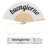 Fisura – Ventaglio Originale con Messaggio “Buongiorno”. Accessorio Pieghevole in Legno Moderno Bianco, Ventilatore Manuale Leggero Perfetto per Spiaggia, Viaggio. Laccetto Incluso 42,5 x 23 cm