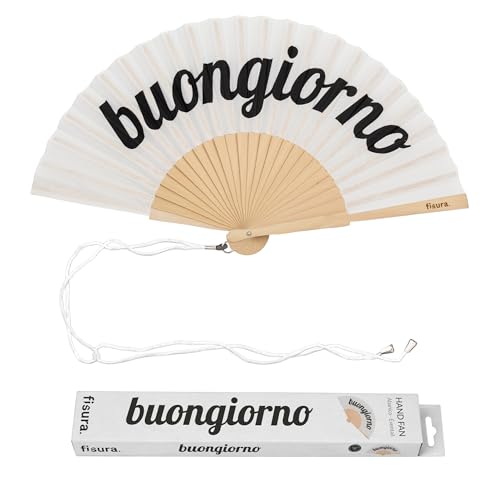 Fisura – Abanico Original con Mensaje “Buongiorno”. Abanico de Madera Moderno y Colorido. Ventilador de Mano Blanco. Colgador Incluido. Idea de Regalo Divertida. 42,5 x 23 cm