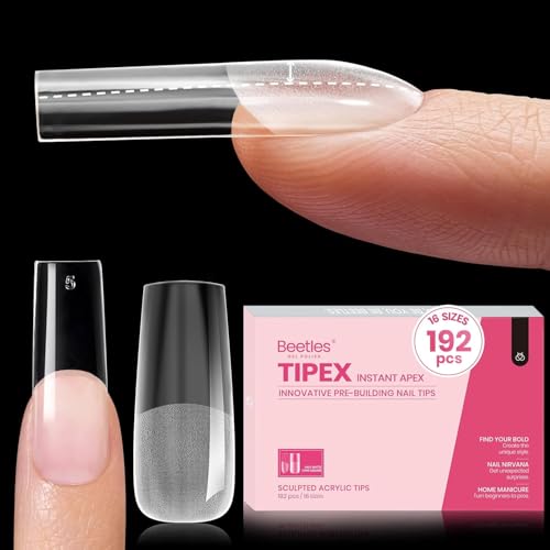 Image of Beetles Tipex Instant Apex Nail Tips,Square Long Pre-building & Pre-Etched Thicker Acrylic Nails Strong Full Cover False Nail Extension Press-on Nails,192 Pcs 16 Sizes