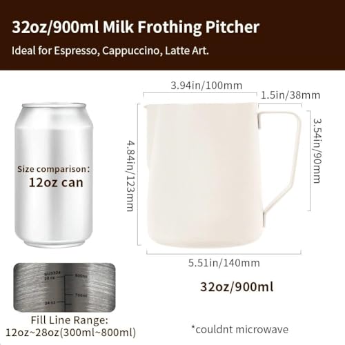 Image of watchget 32oz Milk Frothing Pitcher Stainless Steel Espresso Steaming Jug | Internal Scale, Milk Coffee Cappuccino Latte Art Barista Steam Pitchers,Barista Coffee Bar Accessories, 900ml, Creamy White