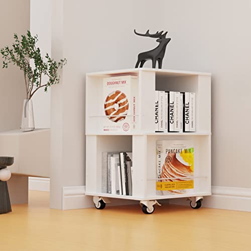360 Rotating Bookshelf, Corner Bookshelf With Wheels, Multi-Functional Book Shelf Organizer For Kids&Adults, 2 Tier White Bookshelf For Bedroom Classroom Nursery #TOP12