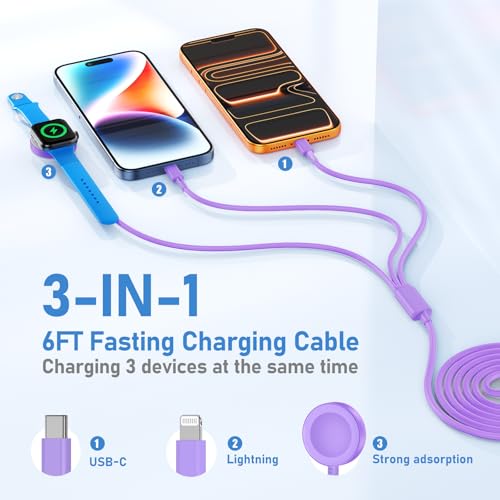 Image of for Apple Watch Charger Fast Charging,3 in 1 Multi Charger USB C Cable,iWatch Charger Cord 6FT for iWatch Ultra3 /2 /1 /SE 3 /2 Series 11 /10 /9 /8 /7 /6 /5 /4,for iPhone17 15 16 Pro Max /14 /13 /12 /11-Purple