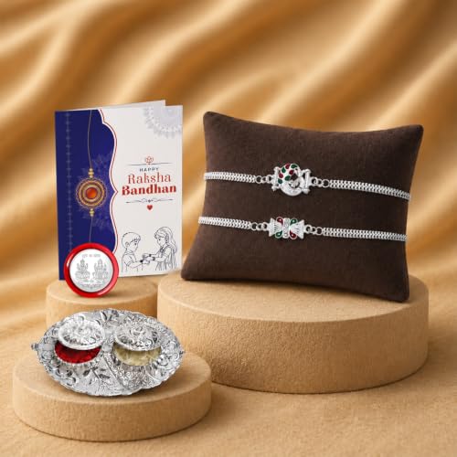 Image of Oblivion Rakhi for Brother | Rakhi Set for Brother with 2 Silver Colour Rakhis, Raksha Bandhan Greeting Card, Coin & Kumkum Chawal Pooja Thali | Rakhi Gift Set for Bhai