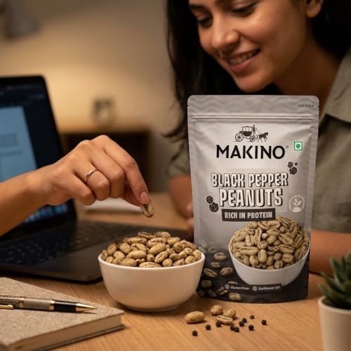 Image of Makino Black Pepper Roasted Peanuts | 140gm Pack of 4| Chatpata & Tasty Roasted Peanut Snack | High Protein, Gluten Free, Zero Cholesterol & Trans Fat | Crispy Crunchy Namkeen | Fiber Rich