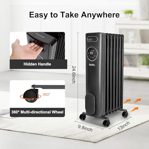 hykolity Electric Oil Filled Radiator, 1500W Portable Full Room Radiant Space Heater with Adjustable Thermostat, Remote, Led Display, Child Lock, Overheat & Tip-Over Protection, 24H Timer, Grey