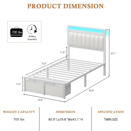Image of Furnulem White Twin Bed Frames with PU Upholstered Headboard & 2 Drawers