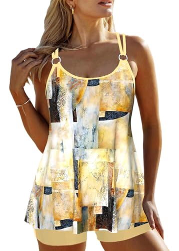 ROSEWE 2025 Tankini Swimsuits for Women, Two Piece Bathing Suits with Shorts, Modest Tank Top Swim Dress Light Yellow