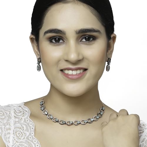 Image of ZENEME Rhodium-Plated American Diamond Studded Disc-Shaped Necklace With Earrings Jewellery Set For Girls and Women