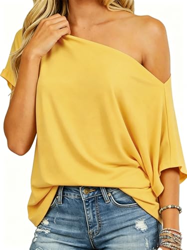 Image of Dressmine Womens Summer Tops Plain Tops Yellow Cold Shoulder T Shirt Sexy Loose Casual Flowy Top Asymmetrical Tunic Clothing Size 20
