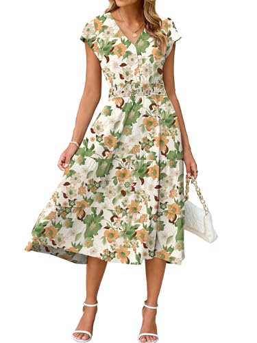 Image of BerryGo Women's Floral Boho Ruffle Summer Midi Dress Short Sleeve V Neck Empire Waist Swing Flowy Dress