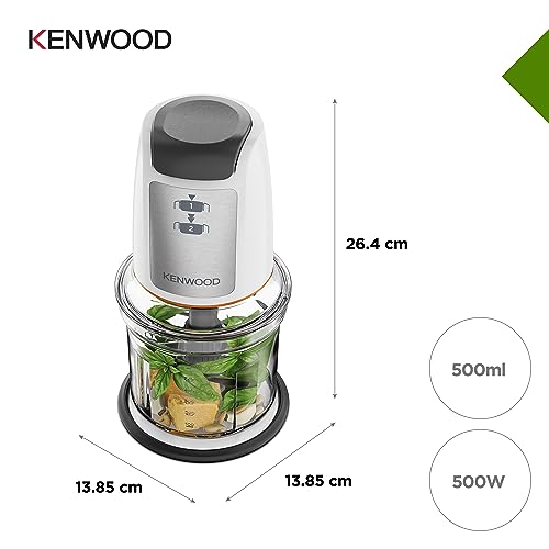 Kenwood Easy Chop, Picadora con Recipiente de 0,5L, 2 Velocidades, Cuatro Cuchillas, Anillo Antideslizante para Mayor Estabilidad, 500W, Apta para Lavavajillas, Blanca CHP61.100WH