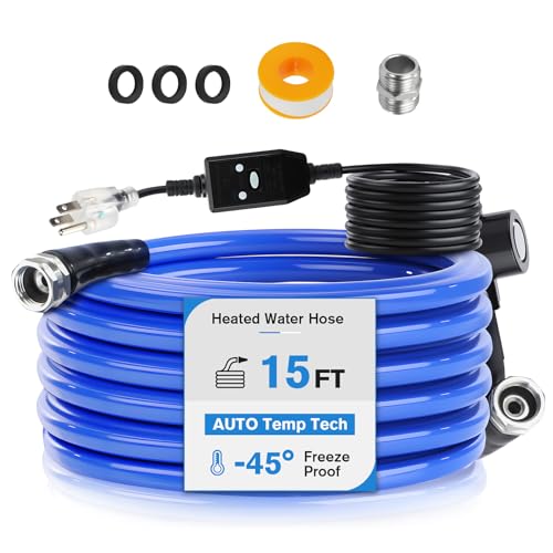 Heated Water Hose for Rv, 15Foot Drinking Fersh Water Hose with -45°F Anti Freeze, Garden Heating Hose with Auto-Thermostat for RV, Camper & Home Use- RV Winter Accessories