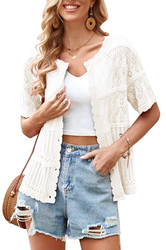 ECOWISH Summer Crochet Cardigans for Women: 2025 Lightweight Short Sleeve Crewneck Button Down Cropped Casual Sweater Tops