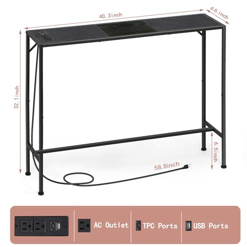 ETELI Entryway Table with Power Outlets & USB Ports Console Table with Charging Station 41\" x 8.7\" Narrow Sofa Table for Living Room, Foyer, Hallway, Rustic Grey and Black - Thumbnail 3