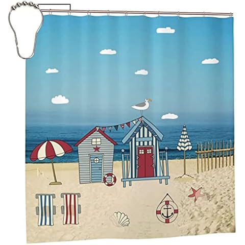 SATOHA Strandhütte Badezimmer Duschvorhang Kabine Badezimmer Duschvorhang Set Badezimmer Stoff Für Badezimmer Sets Stoff Mit 12 Haken Cover