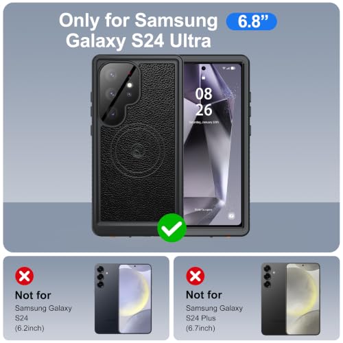 Image of ANTSHARE IP68 Waterproof Case for Samsung Galaxy S24 Ultra - MagSafe Compatible, Built-in Screen /Lens Protector - Shockproof Full Body Protection Back Leather for Swimming /Outdoor, Black