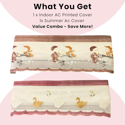 Image of Combo Cotton Net Split AC Cover Indoor Unit for 1.5Ton Capacity AC, Premium Work Indoor AC Dust Protection Cover Designer Summer Ac Cover for 1.5Ton Ac (38 X 15.35 X 7.8 inch, Peach & Brown)