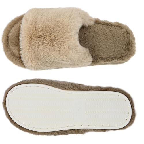 ZOORON Women's Fuzzy Slippers with Memory Foam Comfy Faux Fur Anti-Skid Sole Slippers for Women Bedroom House Open Toe (a-brown-9-10)2