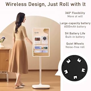 Smart TV Portatile Touch Screen da 21,5 Pollici, TV Mobile su Ruote con Sist-ema Operativo Android, 4 GB + 64 GB di Memoria, Batteria Integrata da 6000 mAh White-6+128G