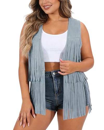 UpFind Plus Size Blue Cowgirl Vest for Women Western Fringe Suede Country Vest Women Country Concert Outfits L