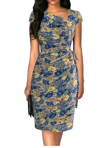 Image of Women's Vintage Cap Sleeves Asymmetrical Neckline Sheath Bodycon Casual Work Cocktail Party Pencil Faux Wrap Dresses