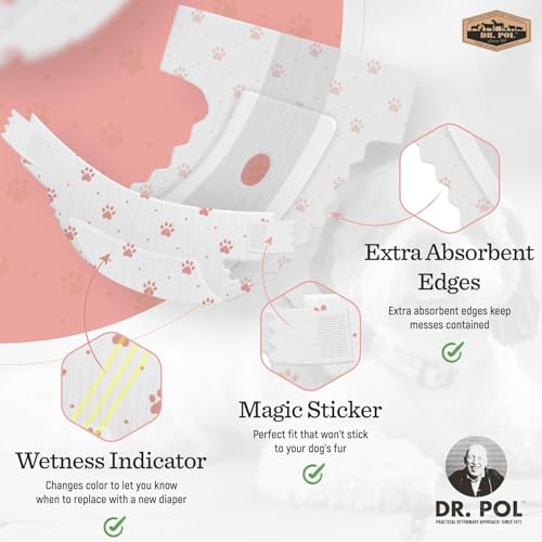 Image of Dr Pol Dog Diapers for Female Dogs | Disposable Pet Diapers with Wetness Indicators | Adjustable Fit | Leak Protection & Super Absorbent | Perfect for Heat Cycles & Training Accidents | Pack of 50