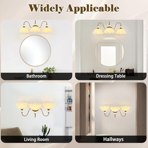 Image of Vintage Bathroom Vanity Light, 3-Light Matte Brass Finish Vanity Light with Floral Yellow Glass Shades, Retro Wall Sconce for Bathroom, Dressing Table