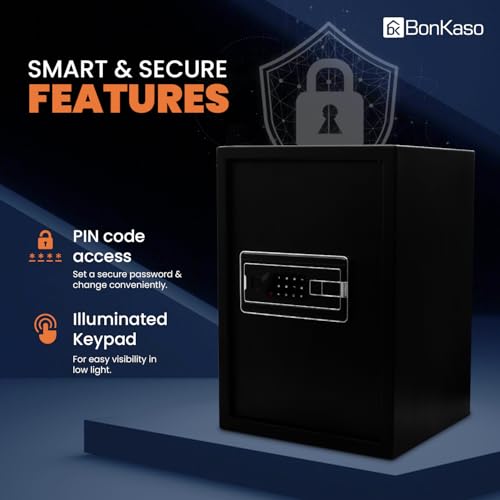 Image of BonKaso Safe Locker For Home, 51 Litres Locker Box For Money, Jewellery, Digital Electronic Safe Locker for Home & Office With Auto lock Function, Anti Theft Alarm And LED Display, (Black)