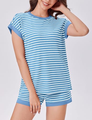 Image of Ekouaer Two Piece Sets for Women Summer Striped Lounge Set Vacation Outfit