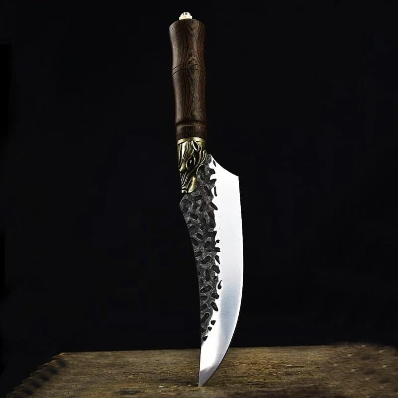 Meat Cleaver,Cleaver Knife 6 Inch Boning Knife Sharp Cleaver Paring Fish Longquan Kitchen Knife Copper Wolf Decor Wood Handle Handmade Forged Cooking Tools