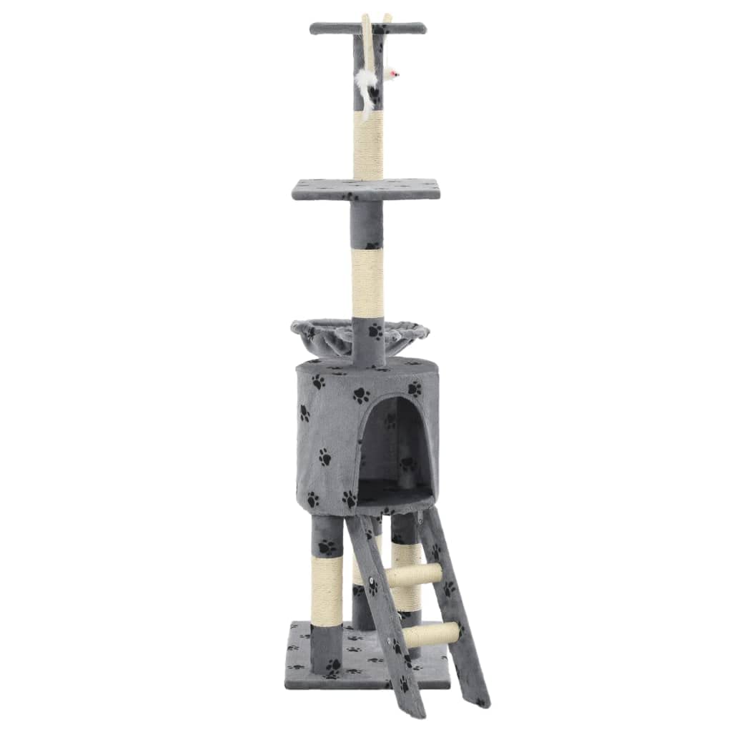 Katzen-Kratzbaum Sisal 138 cm Grau mit Pfoten-Aufdruck, Kratzmöbel mit Höhle, Liegefläche und Plattform, inklusive 3 Spielzeugen, ideal zum Klettern, Kratzen