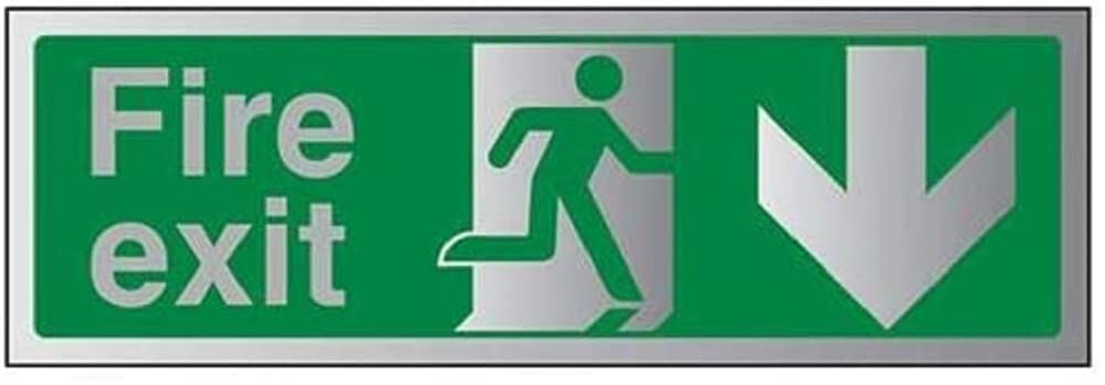 Vsafety White V Safety Fire Exit Arrow Down Sign - 300Mm X 100Mm - Self Adhesive Alu Effect
