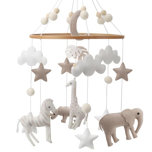 Image of Safari Mobile for Crib - A Neutral Handmade White Jungle Crib Mobile with Safari Animals Clouds and Stars for a Neutral Nursery