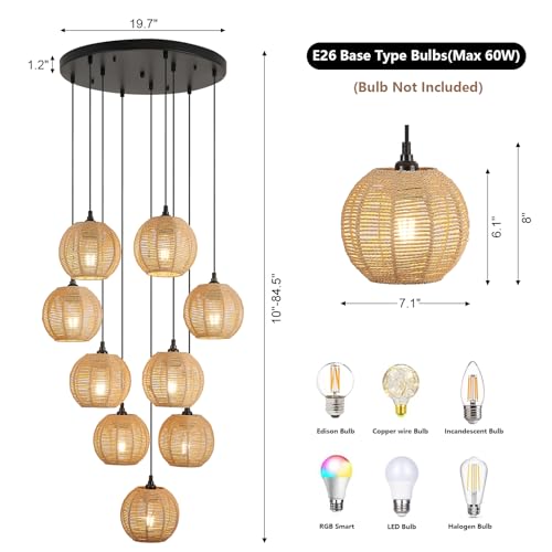 Image of Round 9 Light Boho Pendant Light Rattan Hanging Lamp | Hand Woven Wicker Small Chandelier Hanging Lights Fixture for Bedroom Kitchen Hallway Foyer