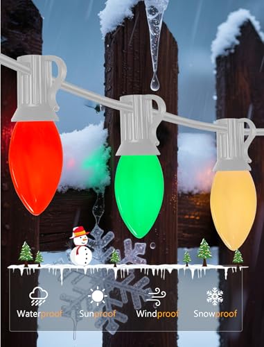 Image of 25Ft C9 LED Christmas Lights Outdoor, Vintage Christmas String Light Plug in with 26 Shatterproof C9 Multicolor Bulbs Christmas Decorations Lights for Christmas Tree Patio Roofline Party, White Wire