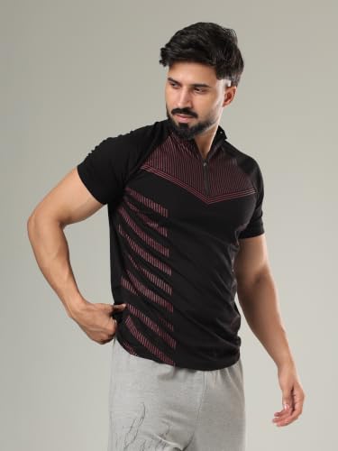 Image of GROW Stylish Aeroflex Zip T Shirt for Men Workout | Cotton and Spandex Quarter Zip Back Printed Collar T-Shirts for Men Half Sleeves