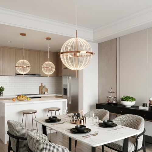 Image of Globe Pendant Light 3-Color CCT (Warm + Natural + Cold White) LED Hanging Lamp Metal Acrylic for Living Room Bedroom Dining