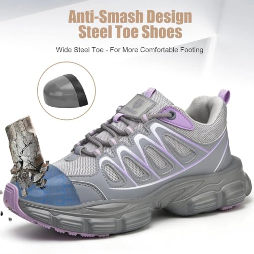 Image of Hogent Steel Toe Shoes for Women Men Wide Non Slip Work Sneakers Indestructible Shoes Lightweight Breathable Construction Sneakers Puncture Proof Ergonomic Design